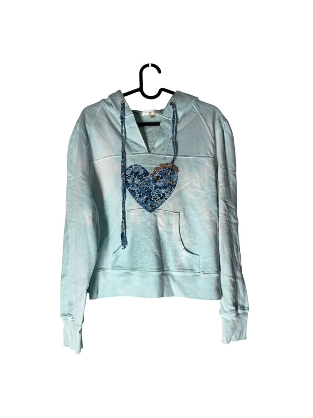 Love Shack Fancy Light Blue Tie Dye Floral Heart Sequin Hoodie Womens Medium